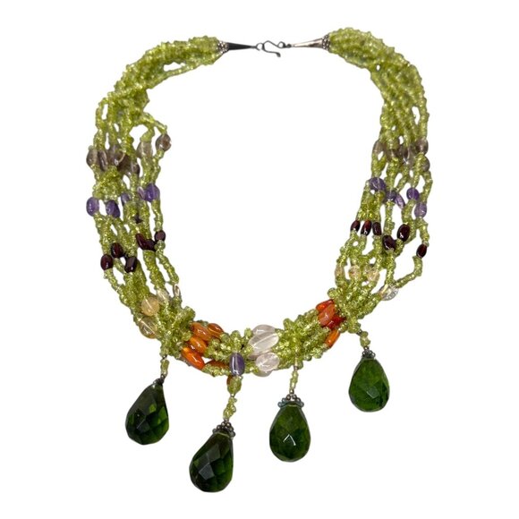 Multi-Strand Green Peridot Bead Necklace W Garnet Chandelier Drop Purple Faceted - Picture 3 of 7